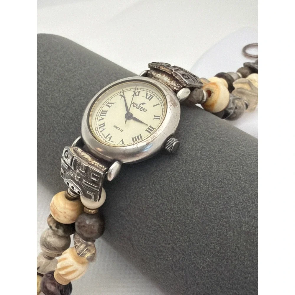 Peyote Bird Wristwatch Womens 7.5in Silver Tan Fair Beaded Southwestern Santa Fe